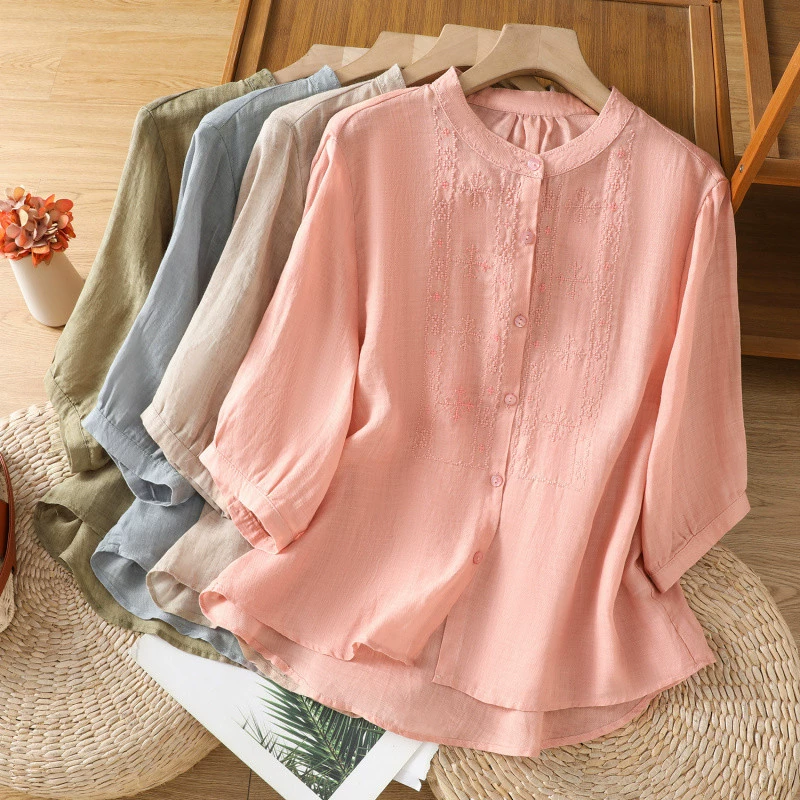 YS8 реальный снимок 2025 новая ретро вышитая рубашка из рами женская рубашка с воротником стойкой однобортная элегантный вышитый кардиган