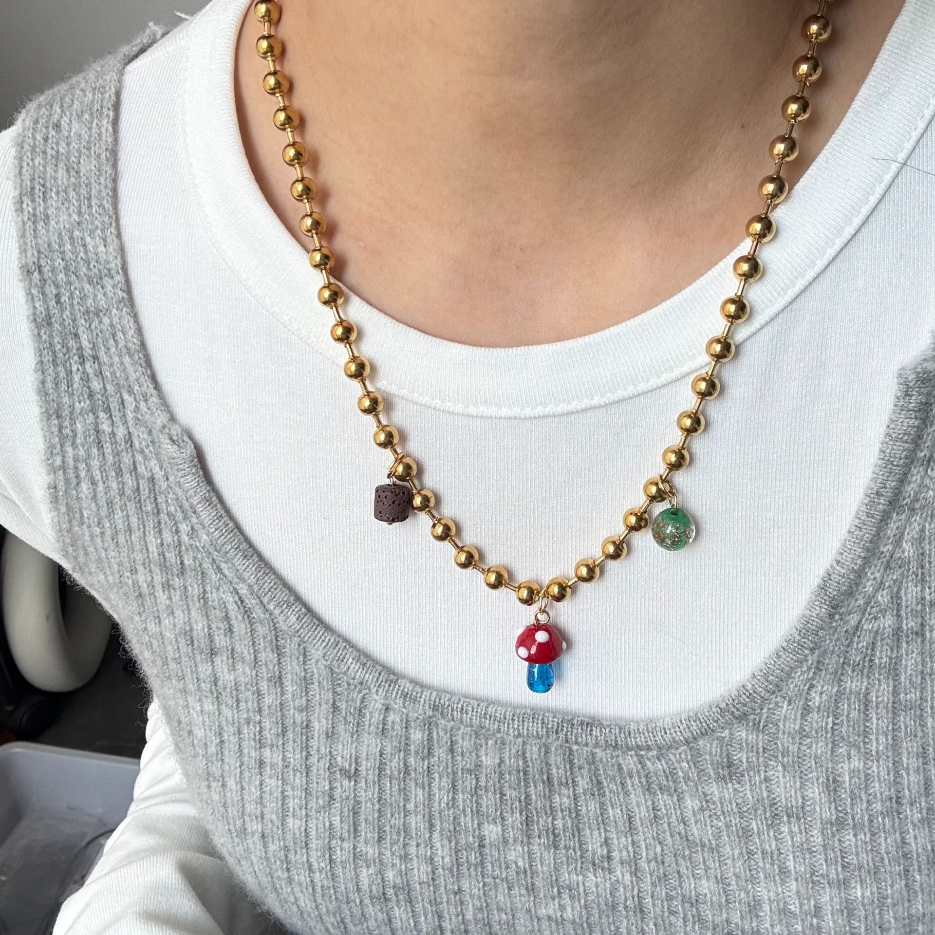 18g Weight glass Pendant Material Pendant Necklace Classification Titanium Steel Chain Material ball chain Chain Type 1 Piece Quantity Holiday, Daily, Selfie Occasion Titanium Steel Material Mushroom Pattern Women's Gender Plating Design Casual, Elegant, Lady Style Wholesale Jewelry Casual Elegant Lady Mushroom Titanium Steel Plating Pendant Necklace Ball Chain 4