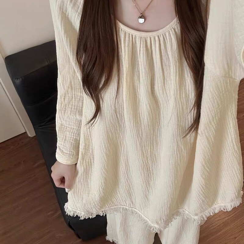 Korean High-End Pure Color High-End Pajamas for Women Autum New Large Size Long-Sleeved Pants Skin-Friendly Home Wear Set