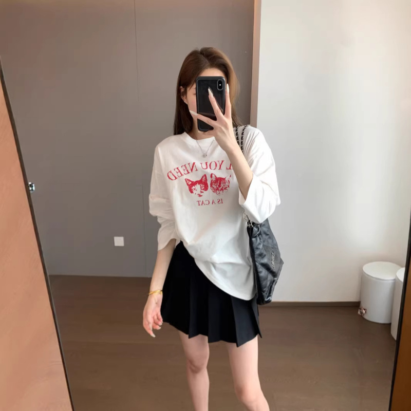 American-Style High-Quality 100% Long-Staple Cotton White Ink Direct Printing Process Cat Head Print Long-Sleeve T-Shirt for Women Spring/Summer 26