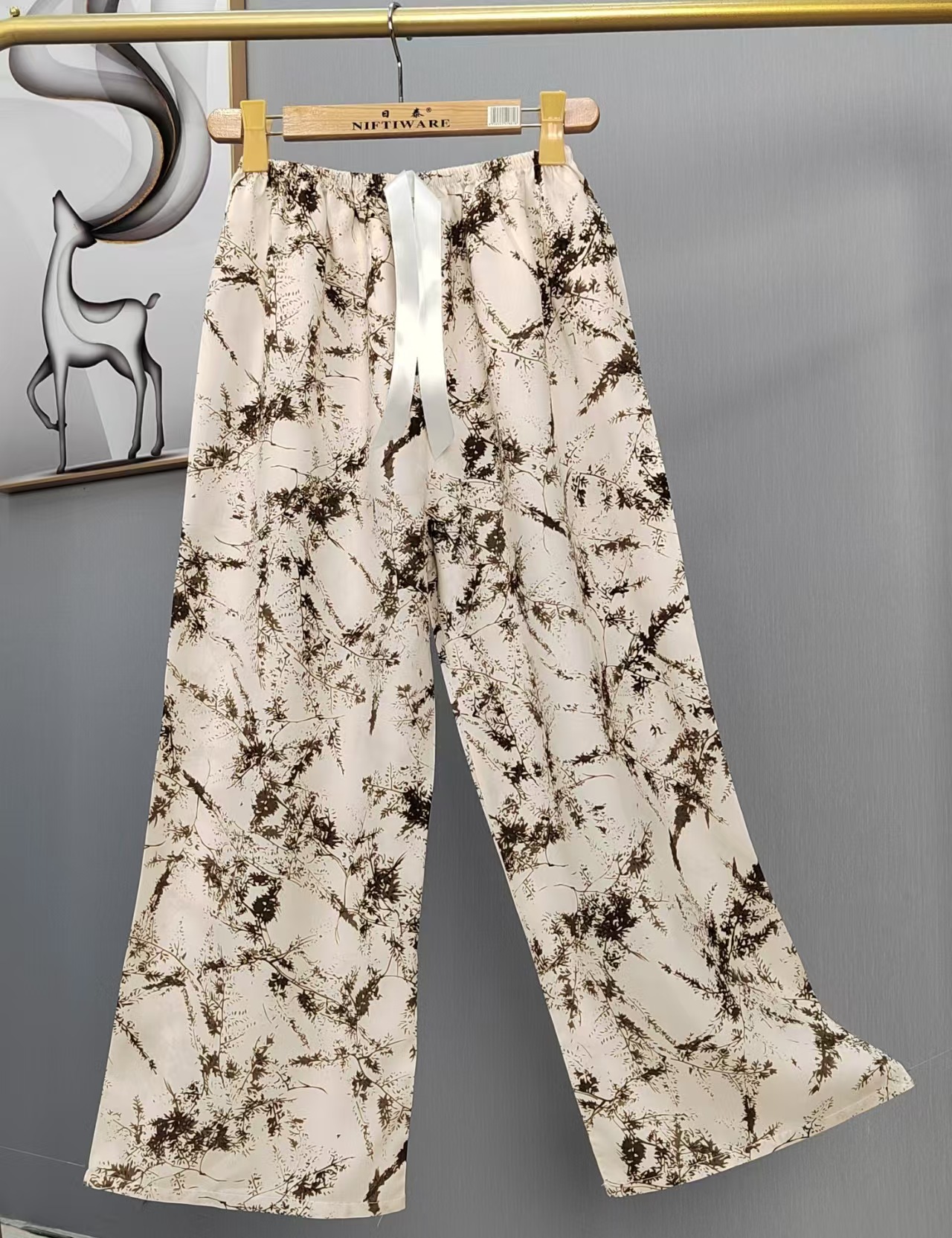 Pijama de seda de algodón para mujer, pantalones anchos de mujer embarazada de seda de algodón con estampado fino de verano