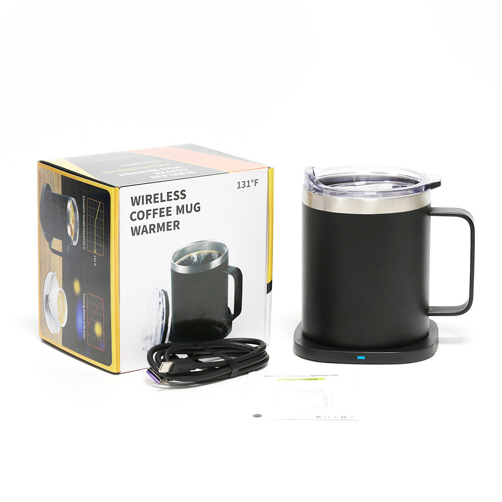 Taza de café térmica con carga inalámbrica de acero inoxidable 304 de doble capa M12, calentador de tazas de 55 grados, aislamiento de 350 ml, carga rápida de 15 W