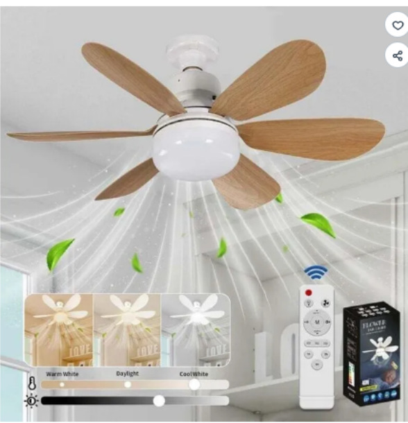 Ventilador de Techo con Luz E27 de ABS Silencioso para Comedor y Dormitorio