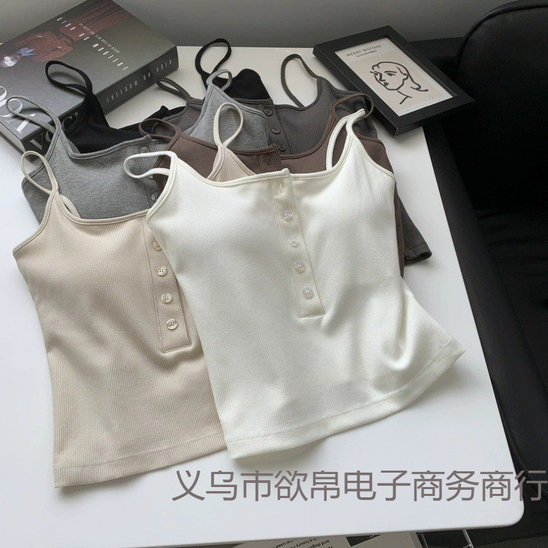 Button Camisole for Women with Breast Pads, Tube Top for Outer Wear, Fixed Cup, Breathable, Comfortable, Versatile, Anti-Exposure, Inner Tube Top