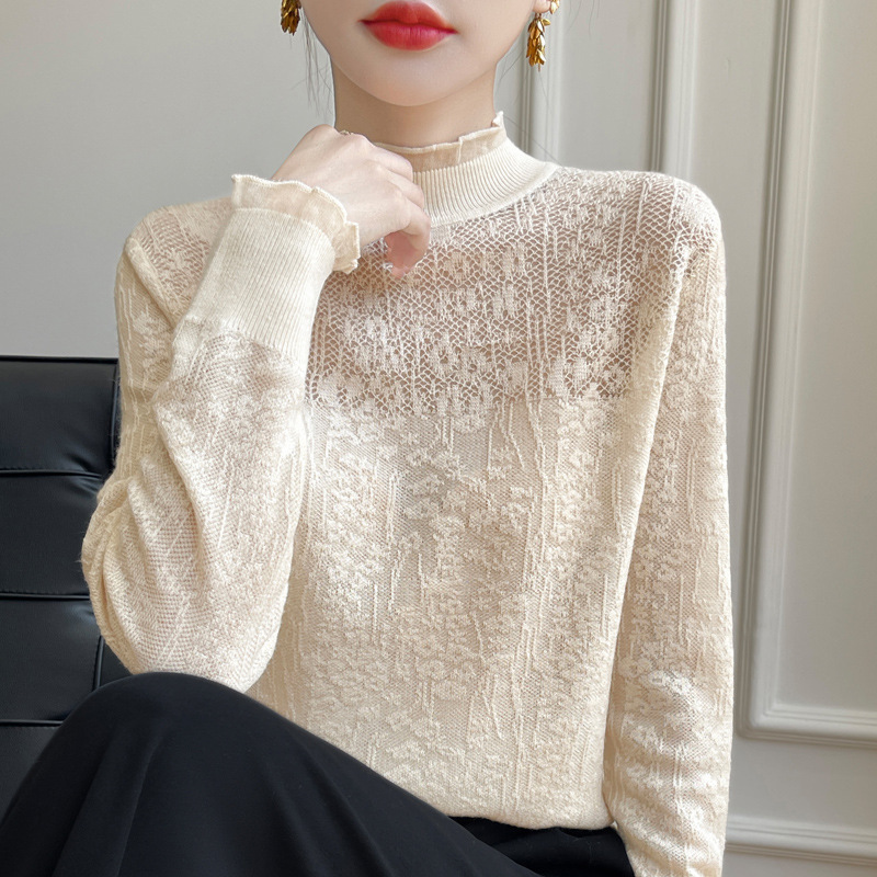 2024秋女式羊毛针织衫薄款欧根纱蕾丝花边领拼接长袖女打底衫批发