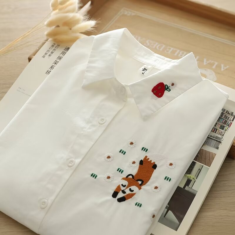 2024 New Summer Clothes, Small Fresh Cartoon Cat and Fox Embroider, Pure Color Women's Short-Sleeved Shirts Wholesale Trend 2024 New Summer Clothes, Small Fresh Cartoon Cat and Fox Embroider, Pure Color Women's Short-Sleeved Shirts Wholesale Trend
