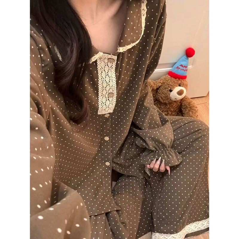 Lace Trim Retro Polka Dot Doll Collar Spring and Autumn Long-Sleeve Loungewear Set 2026 Lazy Style Pajamas for Women