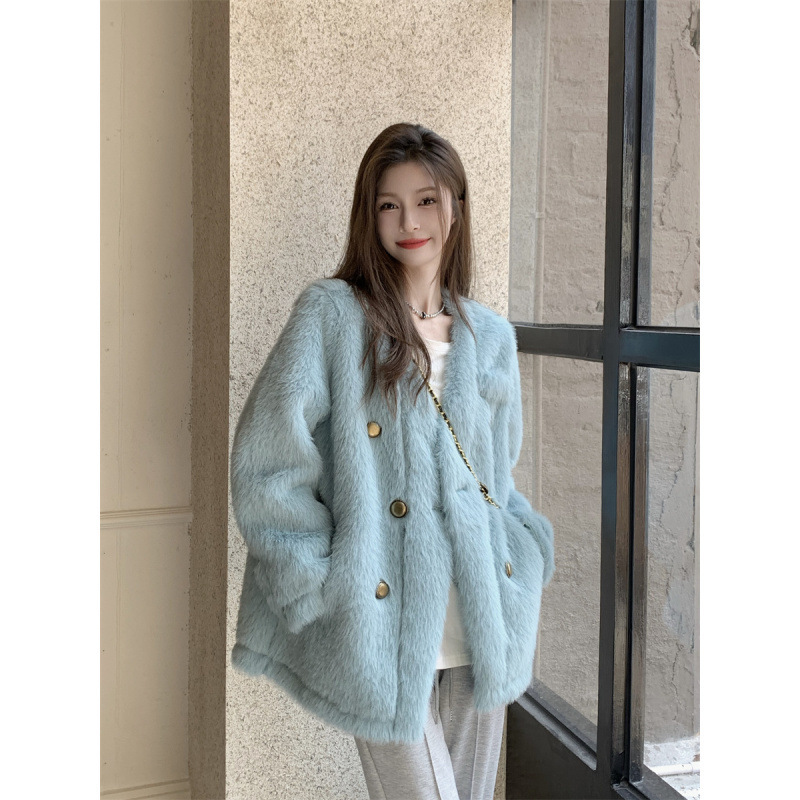 Thickened Mid-Length V-Neck Faux Mink Fur Eco-Friendly Fur Coat for Women Winter