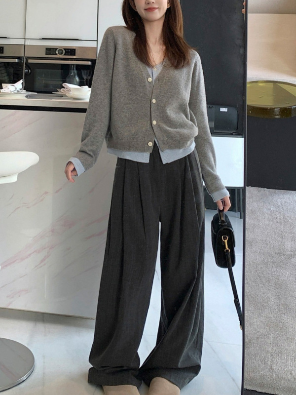 松弛张力 条纹羊毛休闲阔腿裤女高腰宽松通勤必备直筒西装长裤子|undefined