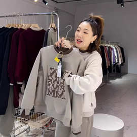 重磅加厚婴儿绒假两件卫衣女春秋季新款宽松显瘦加绒保暖长袖上衣