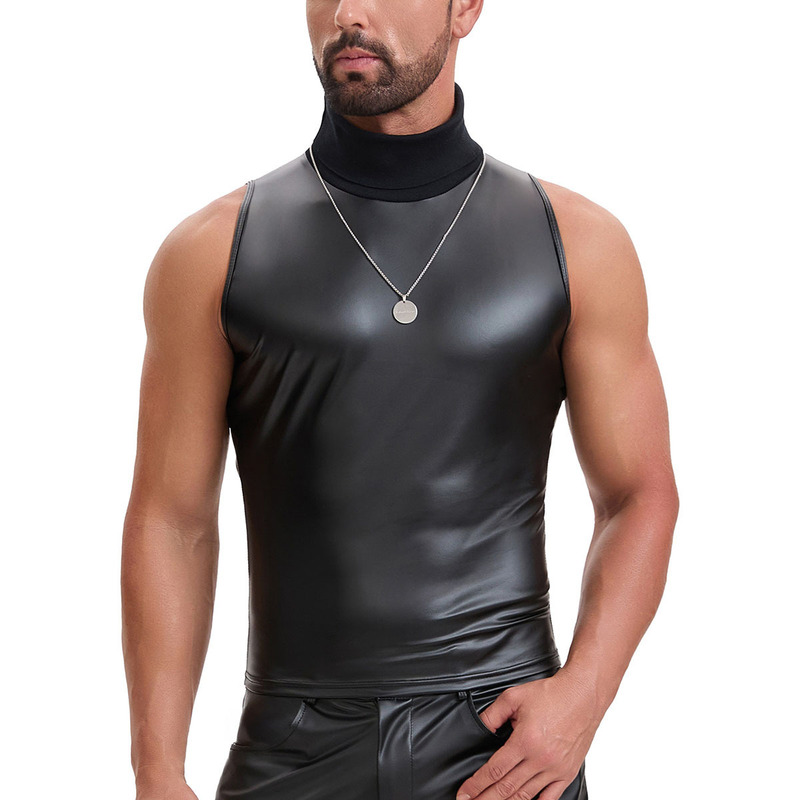 Cross-Border European and American Men's Matte Leather Vest High-Neck Slim Fit Punk Street Fashion Nightclub Sleeveless T-Shirt Top