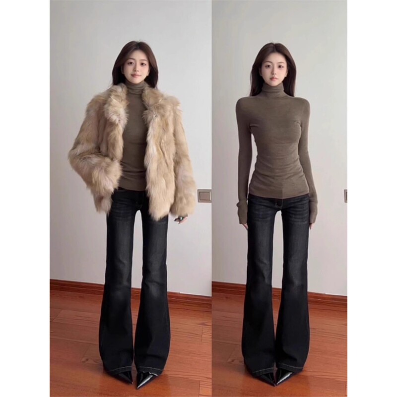 Brown High-Neck Autumn and Winter Warm Inner Layering Shirt for Women New Slim Waist Long-Sleeved T-Shirt Top Wholesale