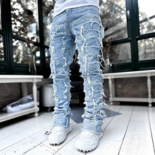 跨境亚马逊WISH欧美男士时尚潮流ins弹力流苏贴布牛仔直筒裤长裤