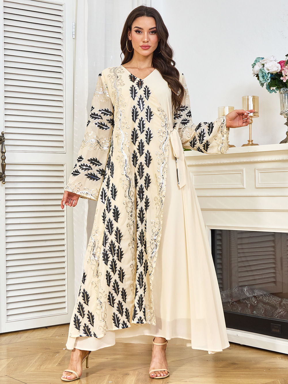 New Cross-border Dubai Abaya Clothing, Abaya, Middle Eastern Dress, Long-sleeved Sequined Arabic Gown_ecoleips.com