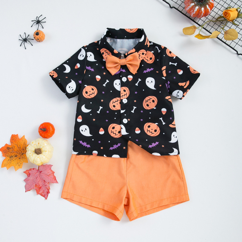 新品男の子ベビーハロウィンパーティー服セット洋気蝶結びプリントかぼちゃシャツショートパンツ2点セット|undefined