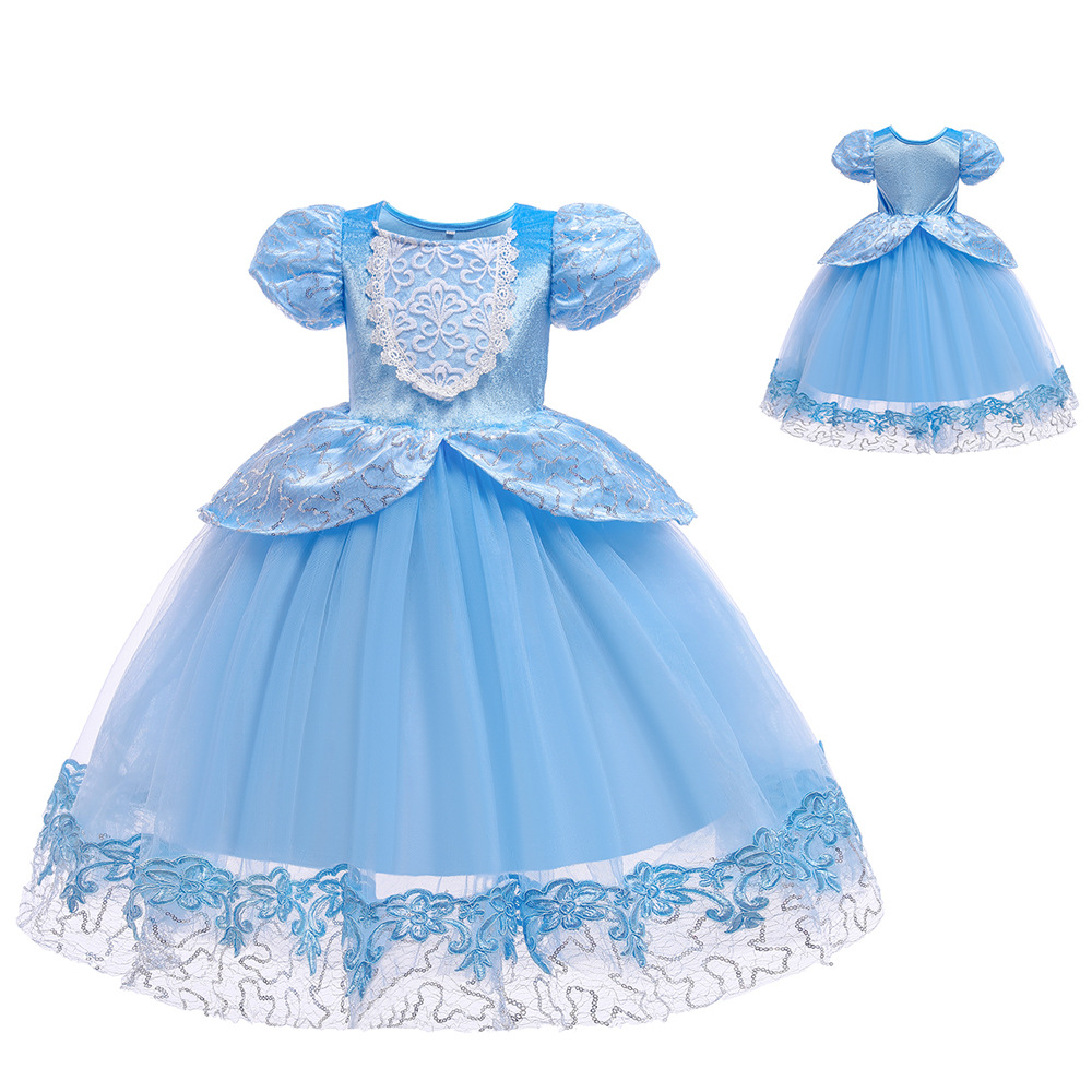 Vestido de princesa Frozen, vestido largo de malla bordada con mangas abullonadas, disfraz de actuación para niñas, vestido de gala para niñas, venta al por mayor