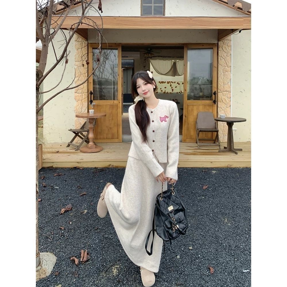 Women's Clothing Long Sleeved Cardigan Top And Skirt Two Piece Set For Women Autumn Outfit Youthful Slimming And Flattering_ecoleips.com