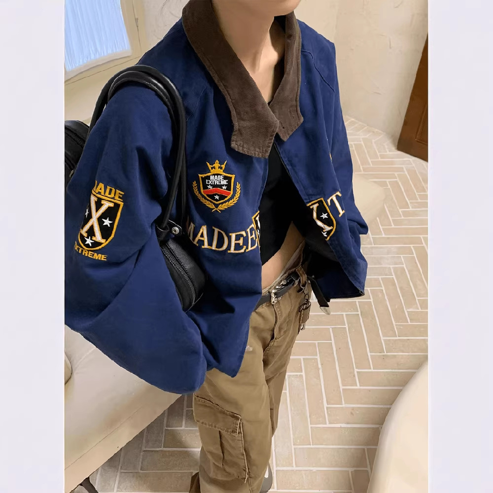 Spring and Autumn Korean Style Fashionable Retro College Cleanfit Embroidered Short Jacket Men's Loose Color-Blocking Trendy Coat