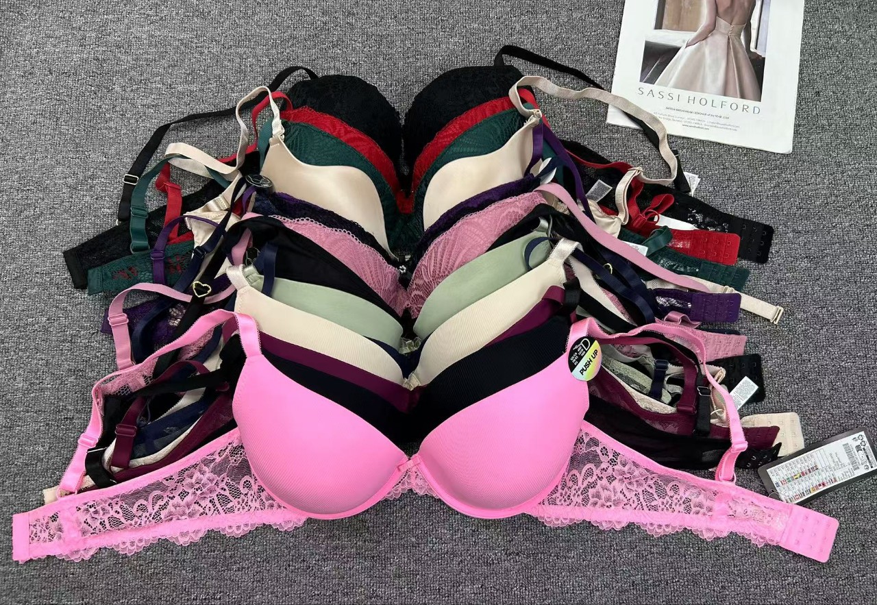 Inventario de bajo precio, impresión de encaje de copas europeas y americanas, mezcla de brillo, sujetadores de damas, nueva ropa interior grande