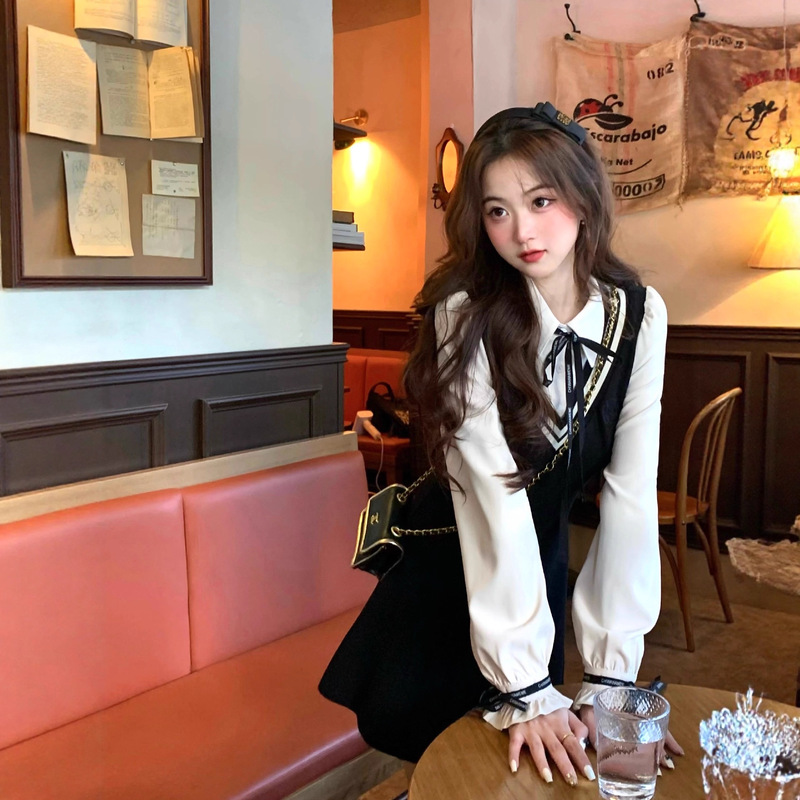 Q Women's Windsor Academy/Fake Two-Piece Shirt Slimming Long-Sleeve Black Dress for Petite Women Early Autumn 2025