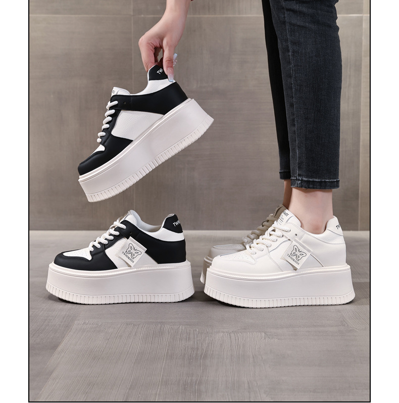 Giày sneaker nữ đế bánh xốp tăng chiều cao bên trong, phối đơn giản mùa hè thu 2024 — Màu be, Màu đen chi tiết 17