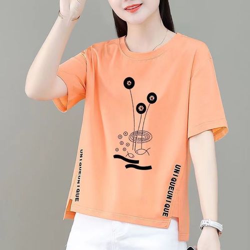2025 Summer Irregular Print Short-Sleeve T-Shirt Women's Front Short Back Long T-Shirt Top