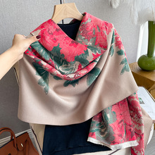 高级品质仿羊绒围巾女国色天香牡丹花新款保暖围巾轻奢风围脖披肩