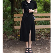 polo领连衣裙黑色收腰p女夏季短袖新款设计感显瘦开叉中长裙子