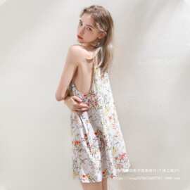 300斤复古印花性感吊带睡裙女夏季大码冰丝凉爽睡裙宽松莼欲居家