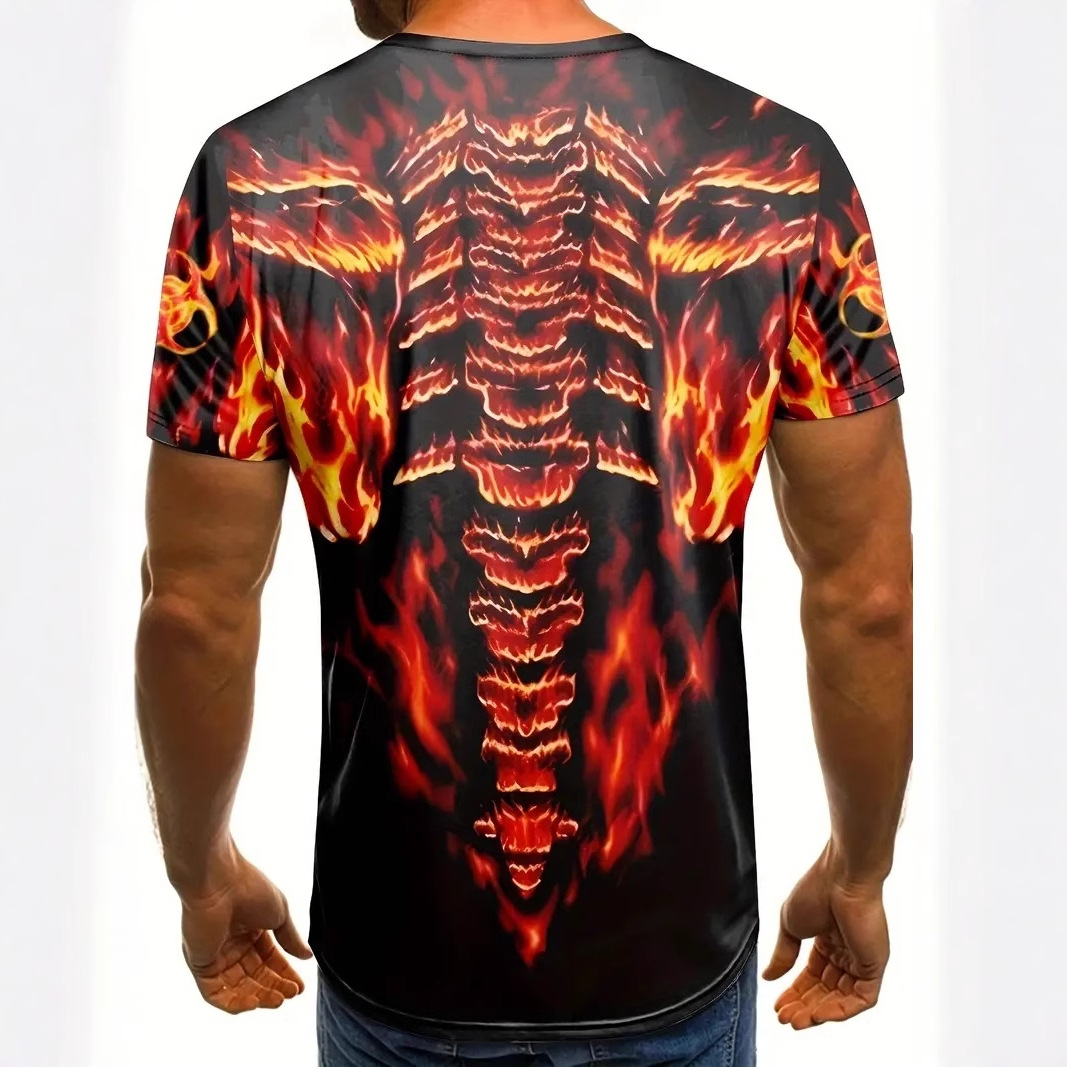Hellfire Skull 3D Impresión digital de los hombres Verano suelto de malla de la calle alta transpirable de manga corta con cuello redondo camiseta en stock