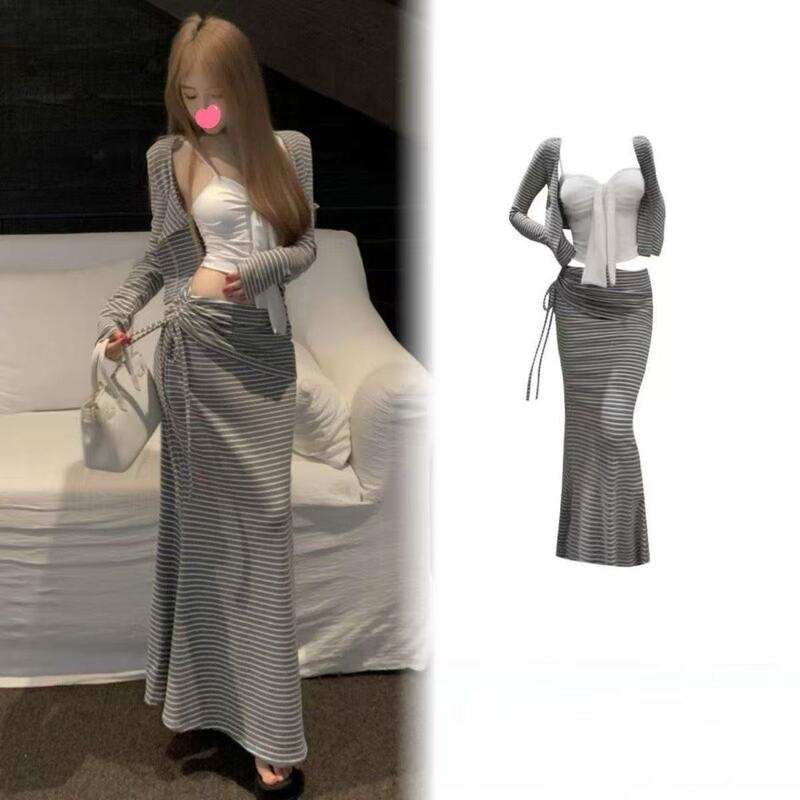 Korean-Style Lazy Style Striped Slimming Hot Girl Three-Piece Set Women's Niche Design Suspender Cardigan and Skirt Set