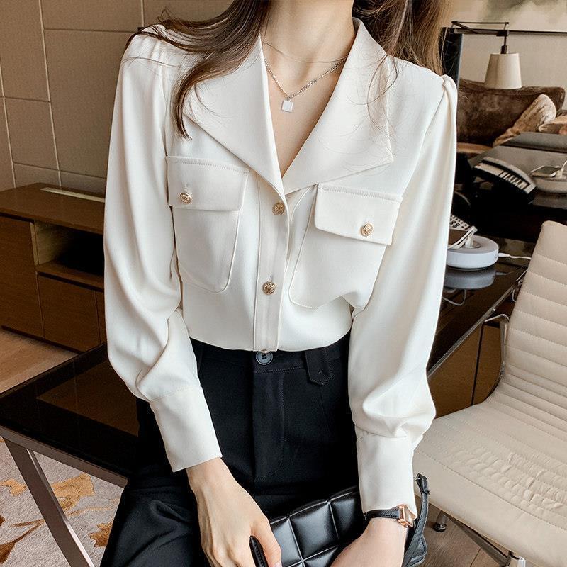 Shirts for Women with Niche Design 2024 Spring New Style French V Neck Classy Chiffon Shirts Elegant Professional Tops