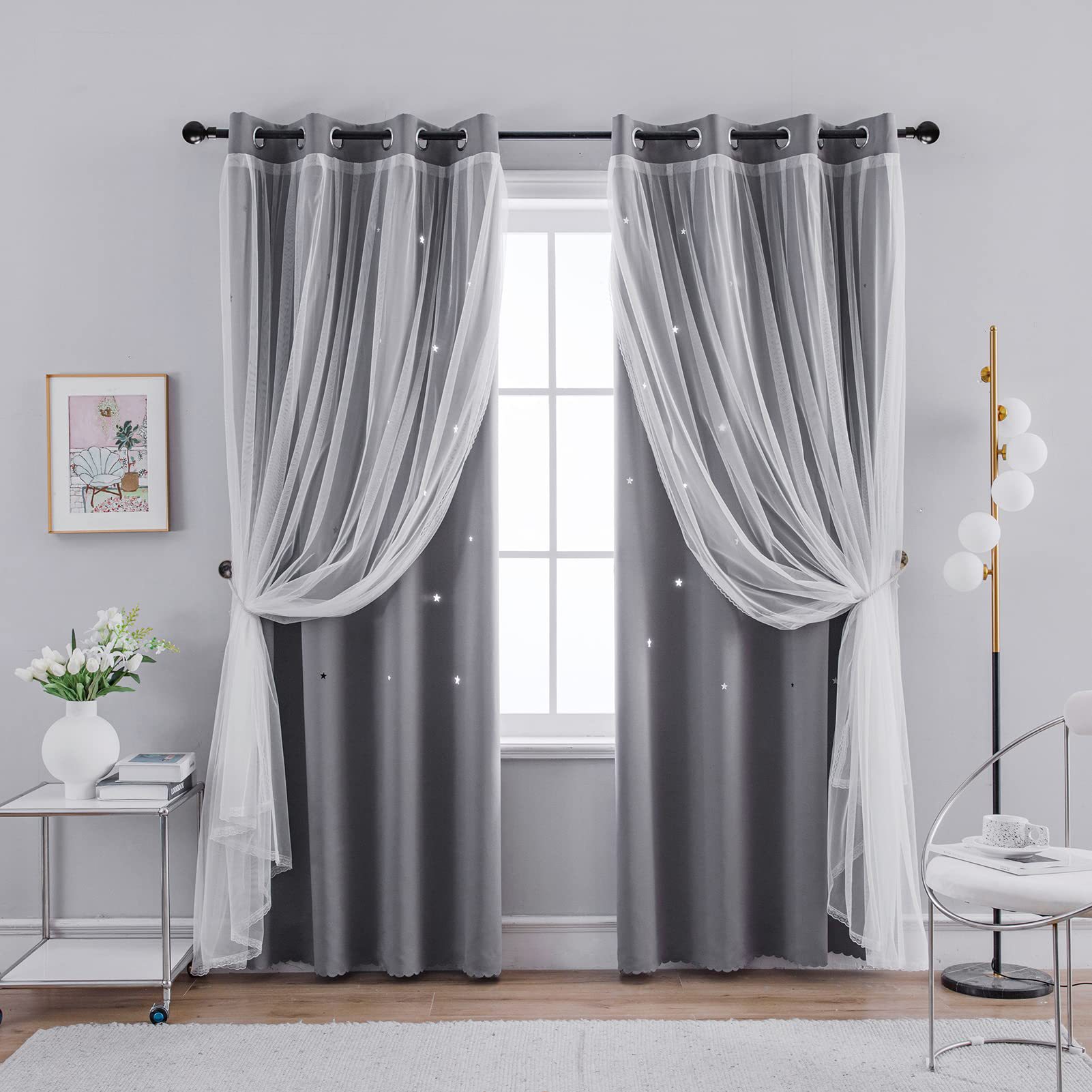 double layer curtains hollow star blackout rod punching short curtains_voghion.com