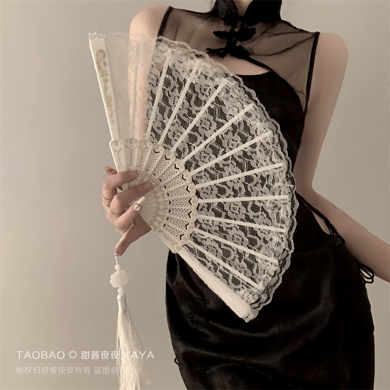 New Chinese Retro Black Lace Folding Fan Jk Lolita Hanfu Cheongsam Fan Tassel Antique Photography Props Female