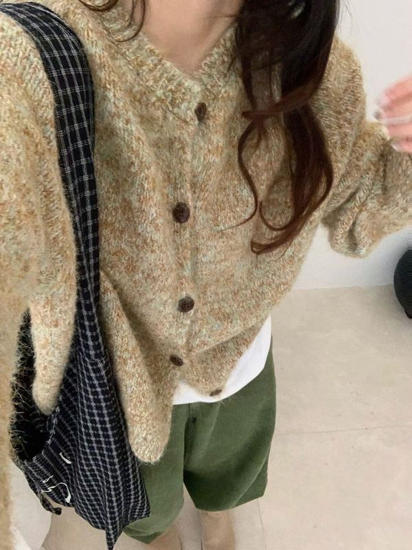 韩系风简约花纱杂色针织开衫女2025秋冬新款休闲百搭圆领减龄毛衣|undefined