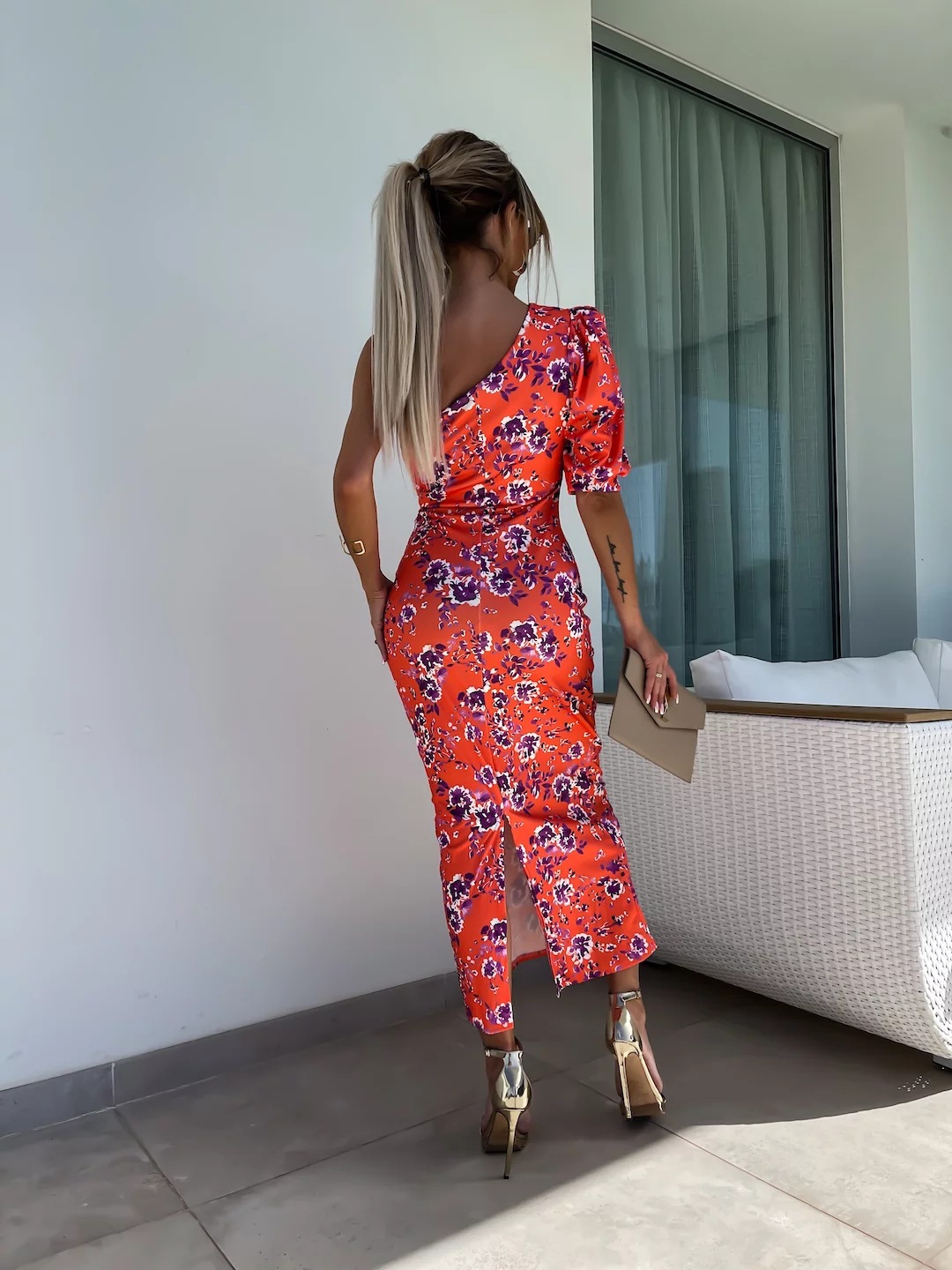 Summer Women Clothing Oblique Shoulder Printed Sheath Fold Split Dress 12 Summer Women Clothing Oblique Shoulder Printed Sheath Fold Split Dress
