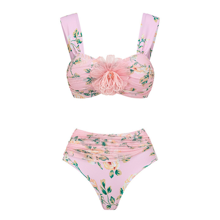 Süßes, rosafarbenes Bikini-Set mit Blumenmuster für Damen, verziert mit 3D-Kristallblumen. Sexy Strandbademode in regulärer Größe aus Polyester und Nylon._voghion.com