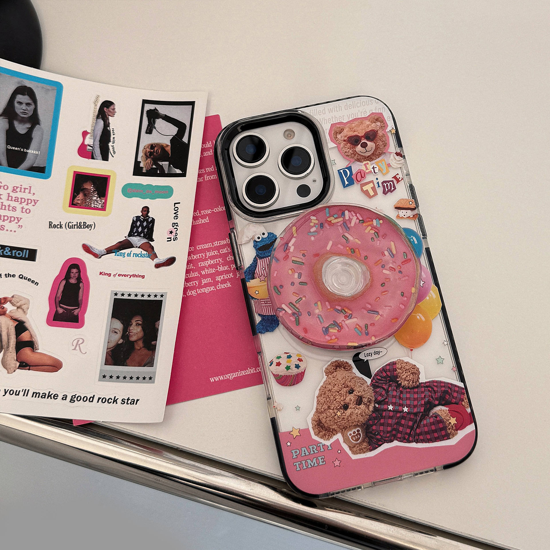 Funda magnética transparente para iPhone 17, estilo Donut Stand 16 Pro Max, adecuada para niños, diseño de oso infantil, funda suave para iPhone 13/14