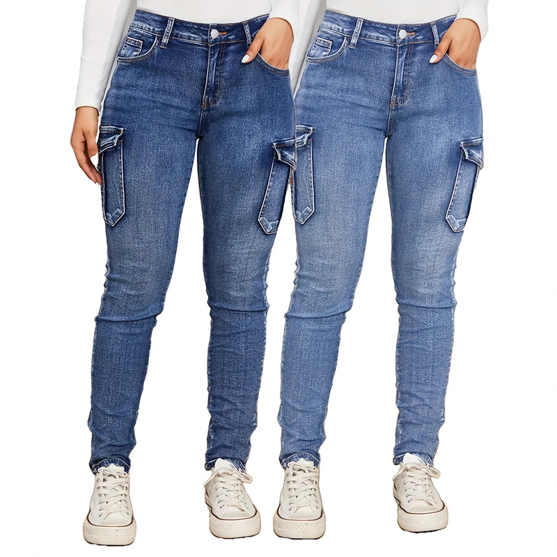 European and American Style Fashion Personality Low-Rise High-Elastic Denim Jeans with Side Pockets, Trendy Slim Fit Workwear Jeans