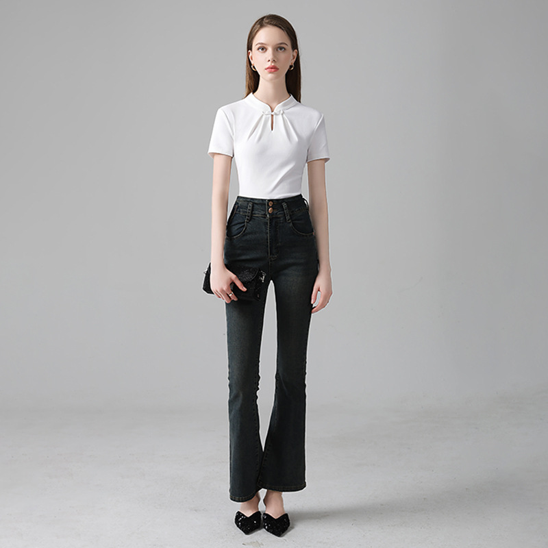 Collar negro chino botón chaqueta de mujer 2025 nuevo estilo retro estilo chino vacío plegado camiseta de manga corta mujer