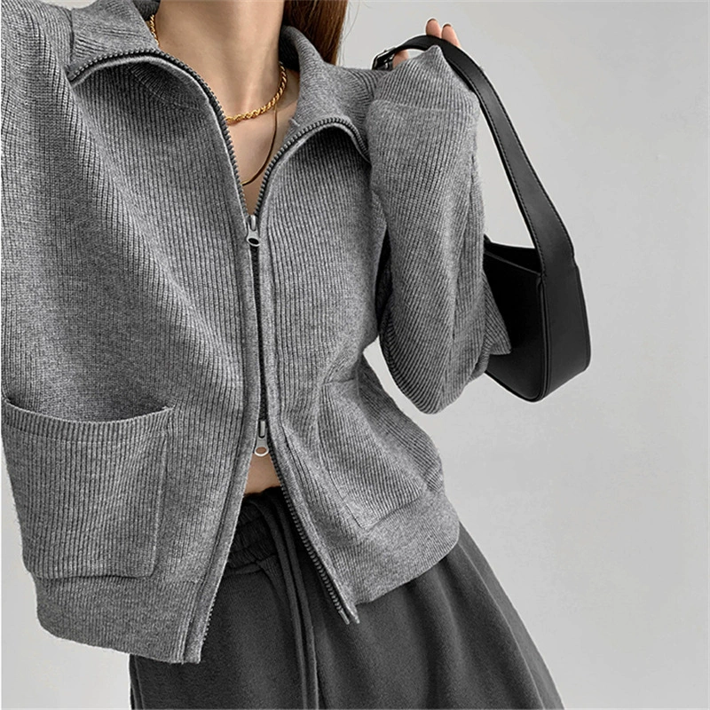 Весенне-осенний новый стиль: укороченный вязаный кардиган с двойной молнией, длинными рукавами, карманами, винтажным воротником и эффектом стройности для женщин