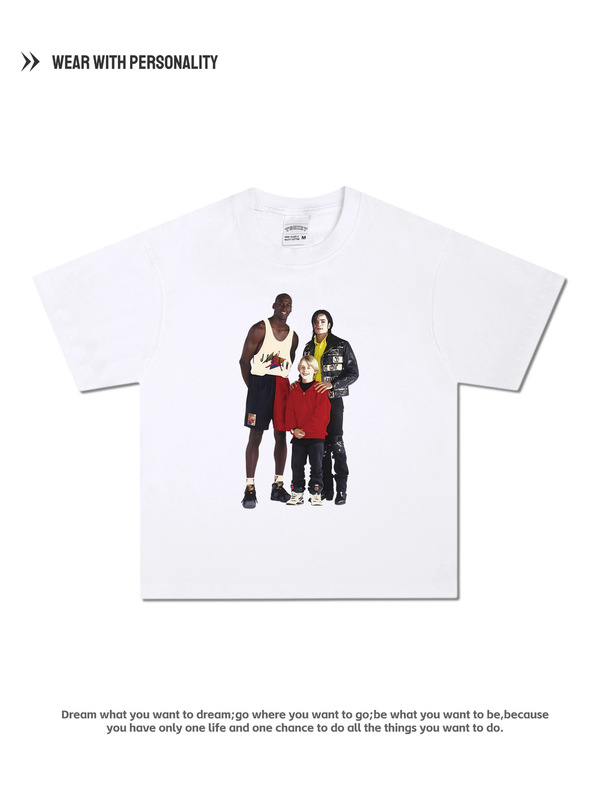 American Michael Jackson Retro Vtg Washed Distressed High Street Heavyweight Vintage Short-Sleeved Loose Men's T-Shirt