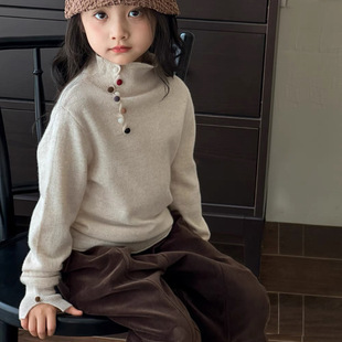 Colorful Button Girls' Half Turtleneck Sweater Autumn and Winter New Korean Style Children's Long Sleeve Middle and Big Children's Casual Base Shirt