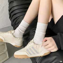 罗口搭美条双款坑针色系秋冬袜子子女中长袜咖百女拉德筒袜纯色宽