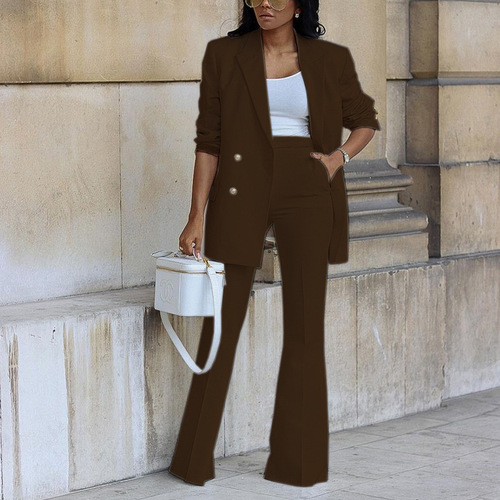 Women's European and American Cross-Border Fashion 2024 Autumn/Winter New Pure Color Casual Stylish Suit Wide Leg Pants Suit Set