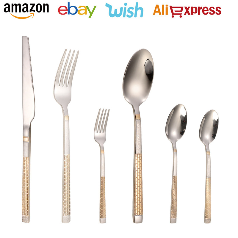 Cross-Border Stainless Steel Steak Knife and Fork Set for Western Restaurants, High-End Gold-Colored Cutlery Set, Steak Knife, Fork, and Spoon