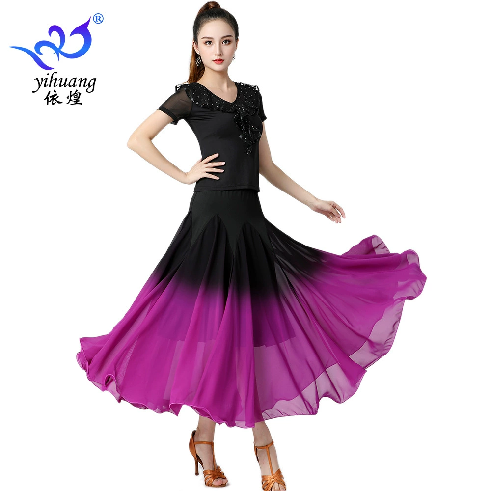 Современная танцевальная одежда Одежда для бальных танцев Танцевальный костюм с короткими рукавами Градиентная большая юбка-качели Юбка для танцев Одежда для выступлений