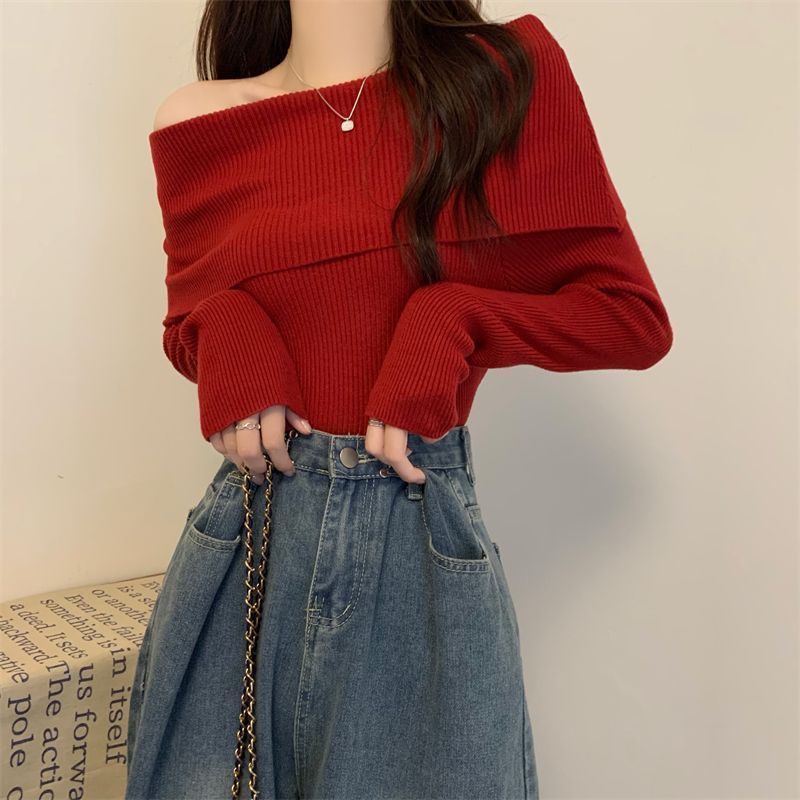 春季针织衫女新款设计感小众一字肩打底衫2023网红爆款长袖上衣潮|undefined