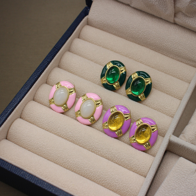 Retro Oval Alloy Inlay glass Womenu0027S Ear Studs 1 Pair