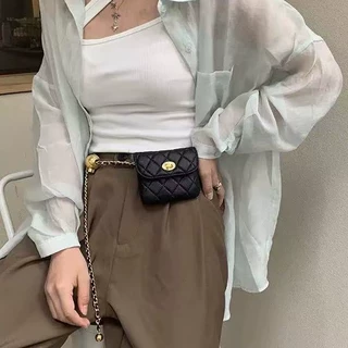 严选腰包女菱格迷你女包链条配饰新款小香风小金球腰链装饰小包包